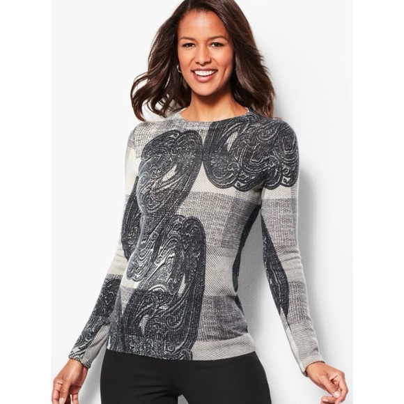 NWT Talbots Merino Wool Sweater paisley grey print thin...